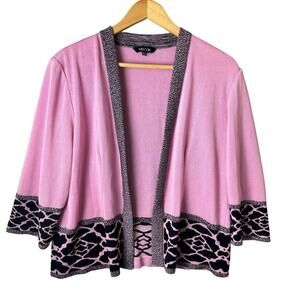 Misook Open Cardigan Sweater Womens Size Medium Pink Black Oversized Fit Cotton